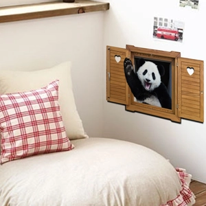 3D giant panda window wall decal with wooden frame and heart cutouts for kids rooms