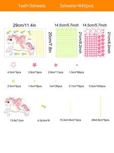 Detailed dimension sheet of 640pcs luminous unicorn wall stickers with stars and dots