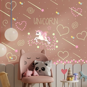Luminous unicorn wall decals with stars and hearts for creative nursery wall decoration