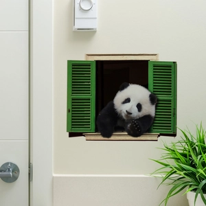 Detailed 3D wall sticker featuring a panda looking through green shutters on a white wall