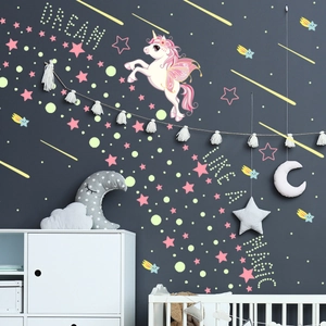 Luminous unicorn wall sticker set with stars and dream text for kids room decor
