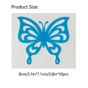 Detailed blue 3D hollow butterfly wall stickers showing dimensions and 10pcs set size