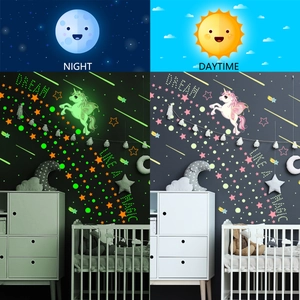 Detailed day and night glow effect of unicorn and meteor wall stickers for kids room