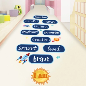 Space-themed children room floor stickers with positive affirmations and planets