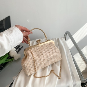 Beige woven shell clutch bag with floral metal handle and gold chain for summer