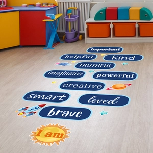 Solar system hopscotch floor decal set with positive affirmations for kids room