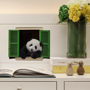 3D giant panda peeking through green shutters wall sticker in a cozy home setting
