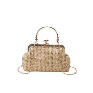 Fashion woven shell handbag with vintage gold handle and floral engraving for women