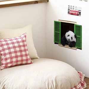 Detailed view of 3D panda wall decal with green shutter window design in bedroom