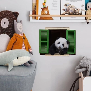 3D panda wall decal with green window frame design for creative nursery room decor