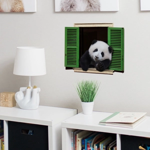 3D wall sticker featuring a cute panda peeking through a green shutter window detail