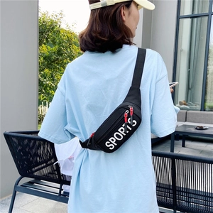 Sporty black crossbody chest bag with white SPORTS logo and red zipper accents