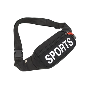 Black nylon fanny pack with white SPORTS print and red zipper pulls on white background