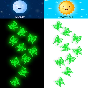 Luminous 3D hollow butterfly stickers showing glow-in-the-dark vs daytime effects