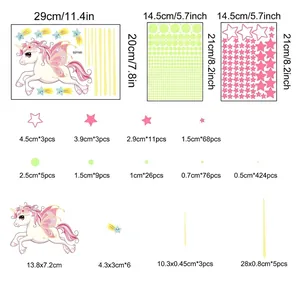 Luminous unicorn wall sticker set with detailed size specifications and star patterns