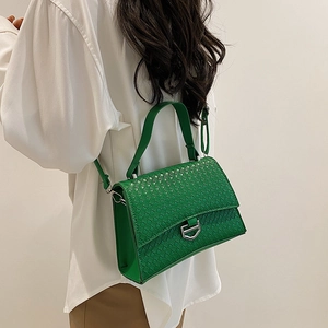 Minimalist bright green woven texture crossbody flap bag with silver shield buckle
