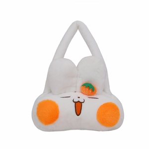 Borsa a mano in peluche coniglio bianco con faccia a cartone e dettagli arancioni