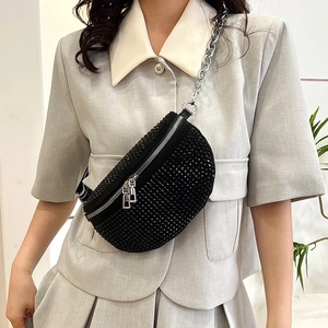 Women Trendy Rhinestone Chest Bag Sparkling Half Moon Crossbody Bag With Metal Chain Wide Letter Strap Shoulder Bag