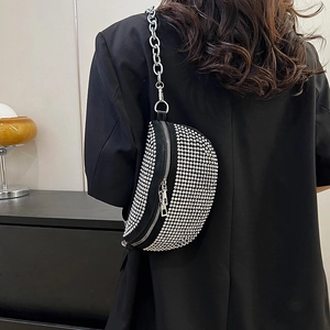 Chic black crescent chest bag for women with sparkling rhinestones and thick silver chain