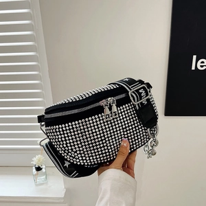 Fashionable black rhinestone chest bag with large capacity and punk chain decoration