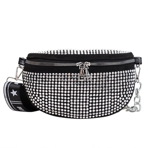Sparkly rhinestone crescent fanny pack with stylish wide star pattern strap for women