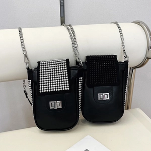 Elegant black chain mobile phone bag with sparkling rhinestone flap and metal turn lock