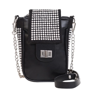 Chic black phone crossbody bag with shimmering silver rhinestones and chain strap