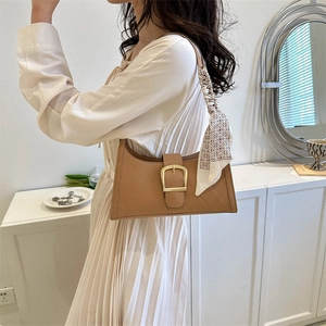 Damen Mode PU Leder Unterarm Schultertasche Gesteppte Rautenmuster Handtasche Mit Goldener Schnalle Seidenschal Dekor Kleine Tragetasche