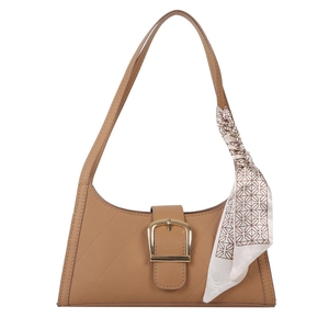 Gesteppte braune Schultertasche mit goldener Schnalle und dekorativem Seidenschal im Trend