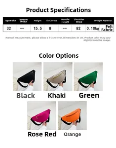 Detailed size chart and five color options for the stylish felt fabric crossbody chest bag