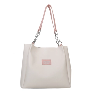 Large capacity cream PU leather tote bag with pink straps and silver metal chain detail