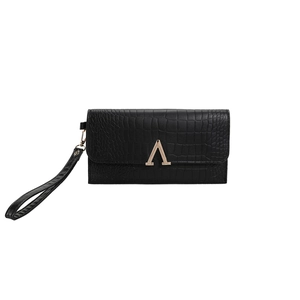 Fashionable black crocodile embossed envelope clutch bag with gold V hardware accent