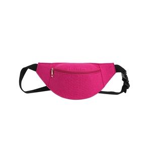 Fashionable magenta textured waist bag with gold zipper and adjustable strap
