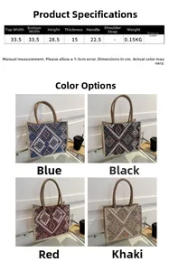 Ethnic canvas tote bag size guide and color options in blue, black, red, and khaki