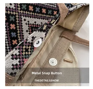 Macro view of the secure magnetic metal clasp on the colorful woven diamond tote bag