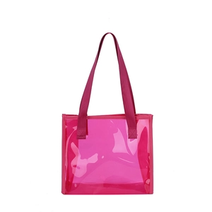 Minimalist rose red transparent PVC tote bag with sturdy handles for beach and shopping