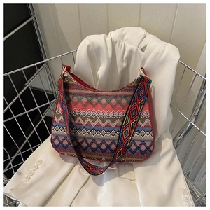 Detailed view of bohemian style bag featuring ethnic geometric patterns and wide strap