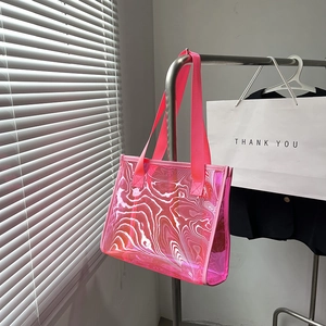 Modern pink translucent PVC tote bag with marble texture and woven handles