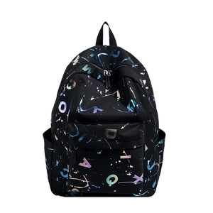 Black casual backpack with colorful gradient letter prints and large storage capacity