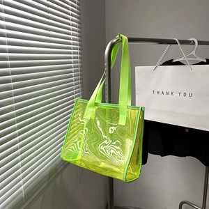 Fluorescent yellow transparent PVC tote bag with contour patterns and fabric handles