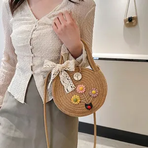 Borsa Tracolla Intrecciata Rotonda Corda Cotone Paglia Decoro Floreale Fiocco Pizzo Stile Pastorale Borsa Per Donne Ragazze