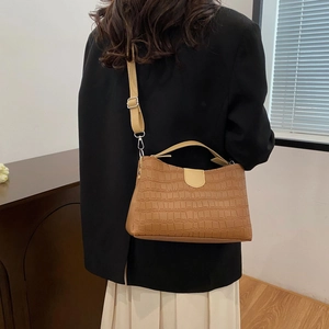 Brown crocodile pattern faux leather shoulder bag with wide strap for daily commute