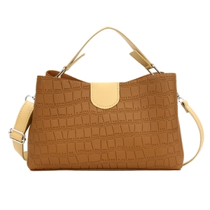 Brown faux leather stone pattern shoulder bag with cream straps and large capacity