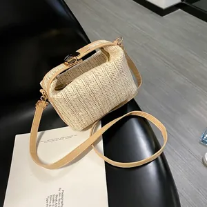 Women Straw Woven Shoulder Crossbody Bag Small Square Summer Beach Handbag PU Leather Strap Metal Lock Korean Trendy Fashion