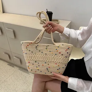 Women Woven Tote Bag Summer Beach Handbag Bicolor Contrast Wave Texture Large Capacity Shoulder Bag Casual Vacation Travel