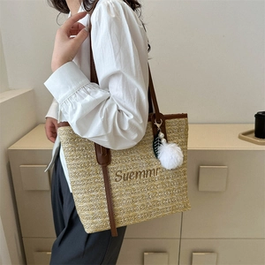 Women Straw Woven Tote Bag Large Capacity Beach Shoulder Bag With PU Leather Handles Letter Embroidery Fur Ball Pendant