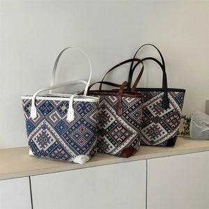 Ethnic woven tote bags with geometric patterns and leather handles in three colors