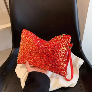 Sparkling red sequin clutch bag with metal zipper and wrist strap for evening parties