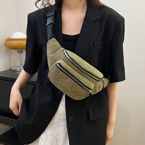 Sac de Poitrine Décontracté en Velours Côtelé pour Femmes Sac Banane Couleur Unie Double Fermeture Éclair Sac Bandoulière Streetwear Sangle Réglable Mode