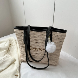 Large Straw Woven Tote Bag Women Shoulder Bag With Leather Strap Tassel For Summer Beach Vacation Casual Daily Lifestyle